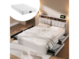 Cama De Casal Com 4 Gavetas E Tomada Usb C, Cama Estofada 160x200cm, Cabeceira Regulável Em Altura, Estrado De Ripas De Madeira Ehstmind (com Colchão)