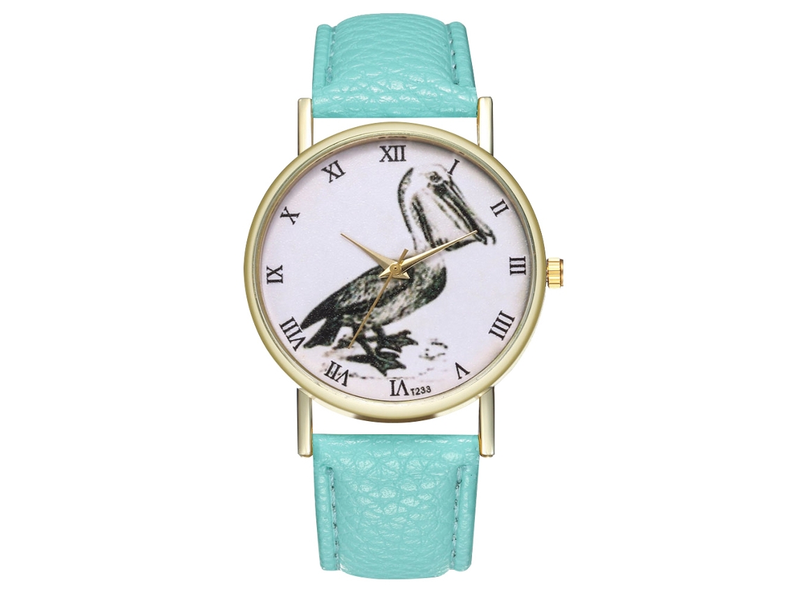 Relógio feminino Zhoulianfa de quartzo com pulseira de couro PU e design de pássaro, verde menta
