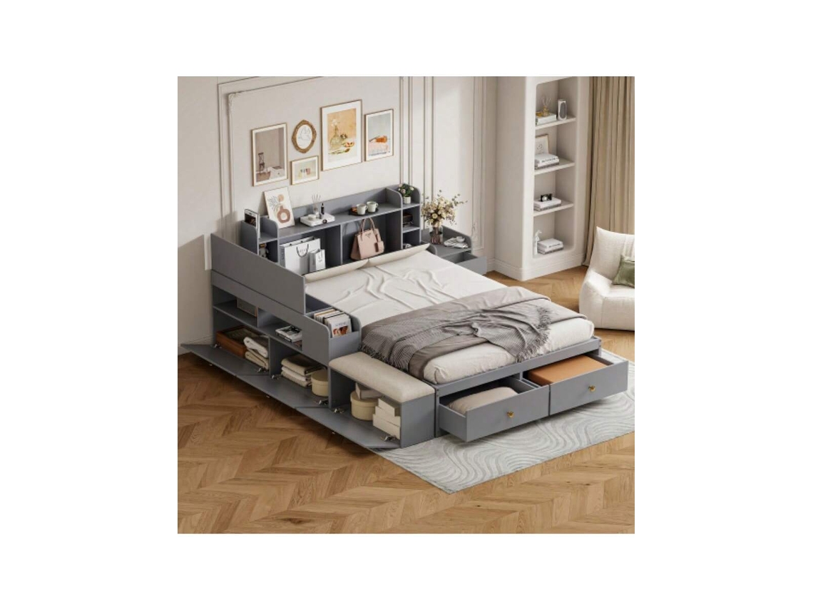 Cama Combinada De Madeira Maciça 140200 Cm, Cabeceira Com Compartimento De Armazenamento Embutido, Com Gavetas, Com Mesa De Cabeceira, Com Armário