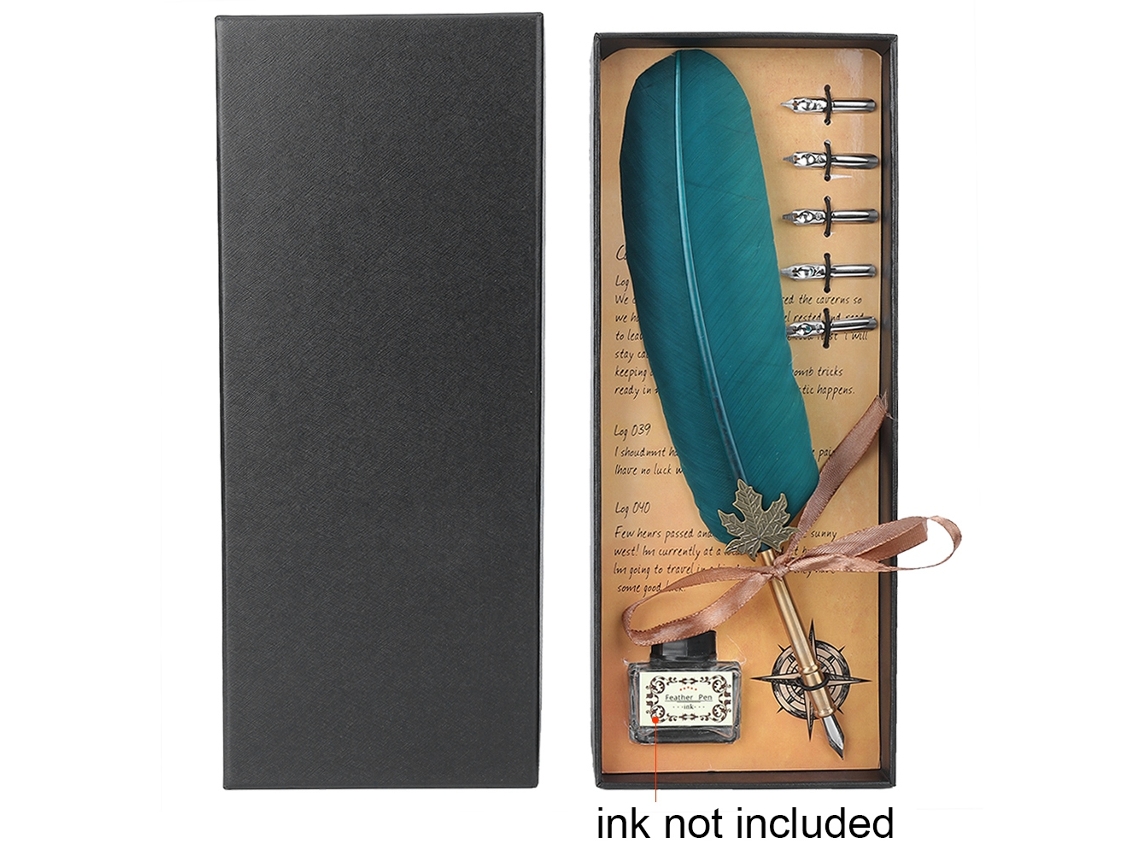 Caneta de Metal Retro com Pena e Caixa Verde Escuro