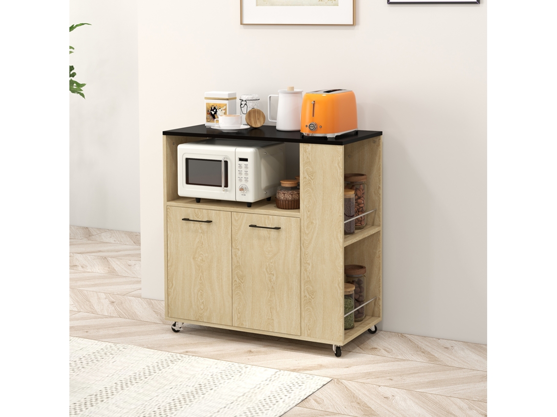 Carrinho de cozinha com rodinhas, 2 portas, prateleira ajustável, porta-temperos para sala de jantar, 75x40x80,5 cm, cor natural.