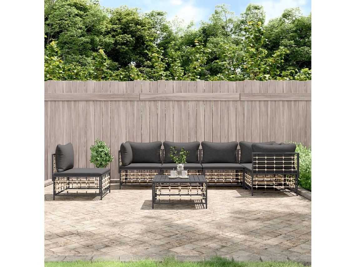 Conjunto de 7 Pcs Lounge de Jardim com Almofadões Vime Pe Antracite PANGSHIYUAN