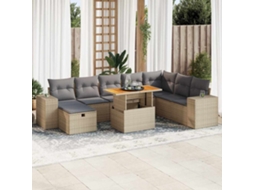 Vidaxl 9 Pcs Conjunto Sofás Jardim Com Almofadões Vime Pe/acácia Bege