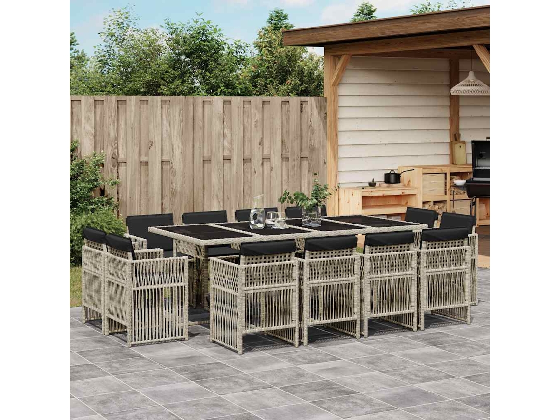 Vidaxl 13 Pcs Conj. Jantar Jardim C/ Almofadões Vime Pe Cinzento claro