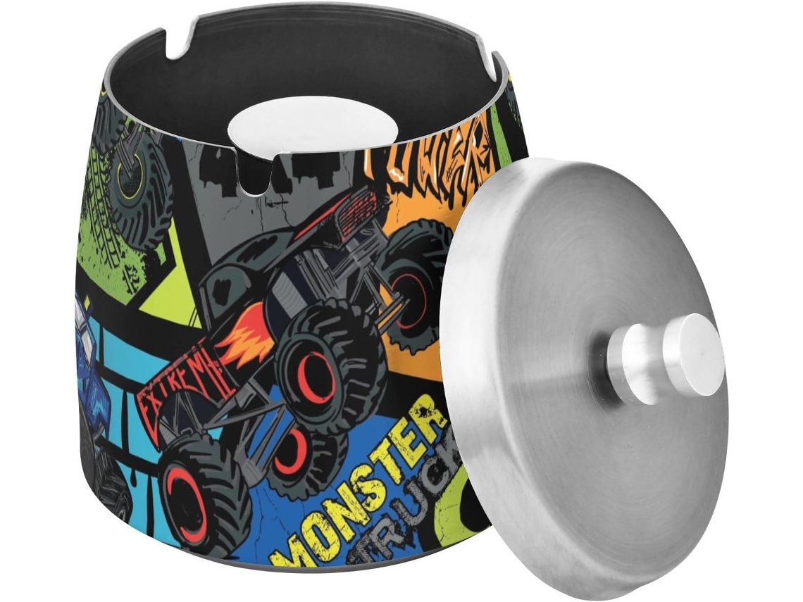 Cinzeiro Abstrato Grunge Em Formato De Monster Truck Com Tampa, À Prova De Vento, Para Uso Interno E Externo