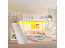 Beliche, Cama Solteiro Infantil, Com Luzes Led, Prateleiras, Escorregador, Certificado En747, Pinho, 90x200cm, Branco