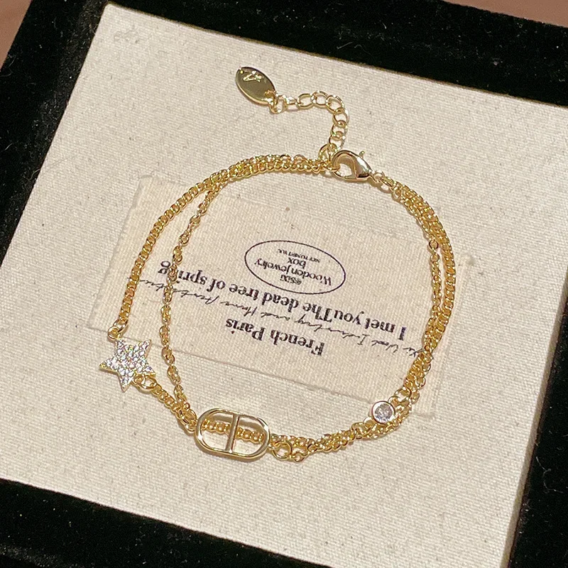 (dourada) Elegante Pulseira De Zircônia De Camada Dupla, Pulseira Estilosa E Única.