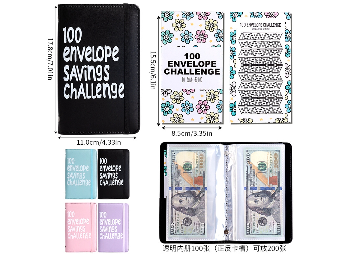 A6 Black 100-days Money Saving Envelope Budget Storage Book With Vertical Stripe Tie, 50-sheets