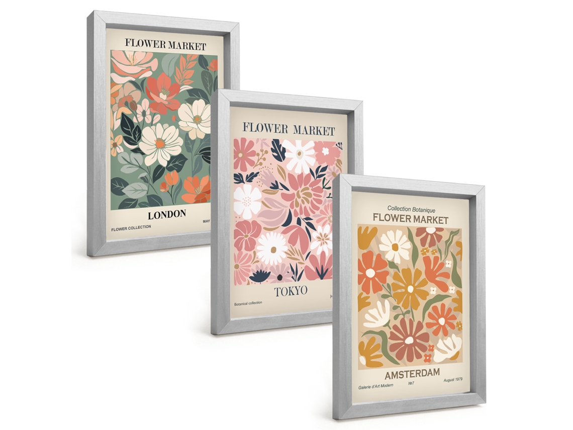 Composição De Quadros Na Paredepadrões Florais, Londres, Tóquio, Amsterdã Moldura Prateada Quadros Para A Sala De Estar Espelharte (3 Peças 20x30 Cm)