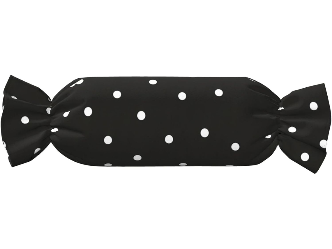 Almofada Cilíndrica Formato de Doce com Estampa Bolinhas Pretas e Brancas 100 % Poliéster Ideal para Viagens,