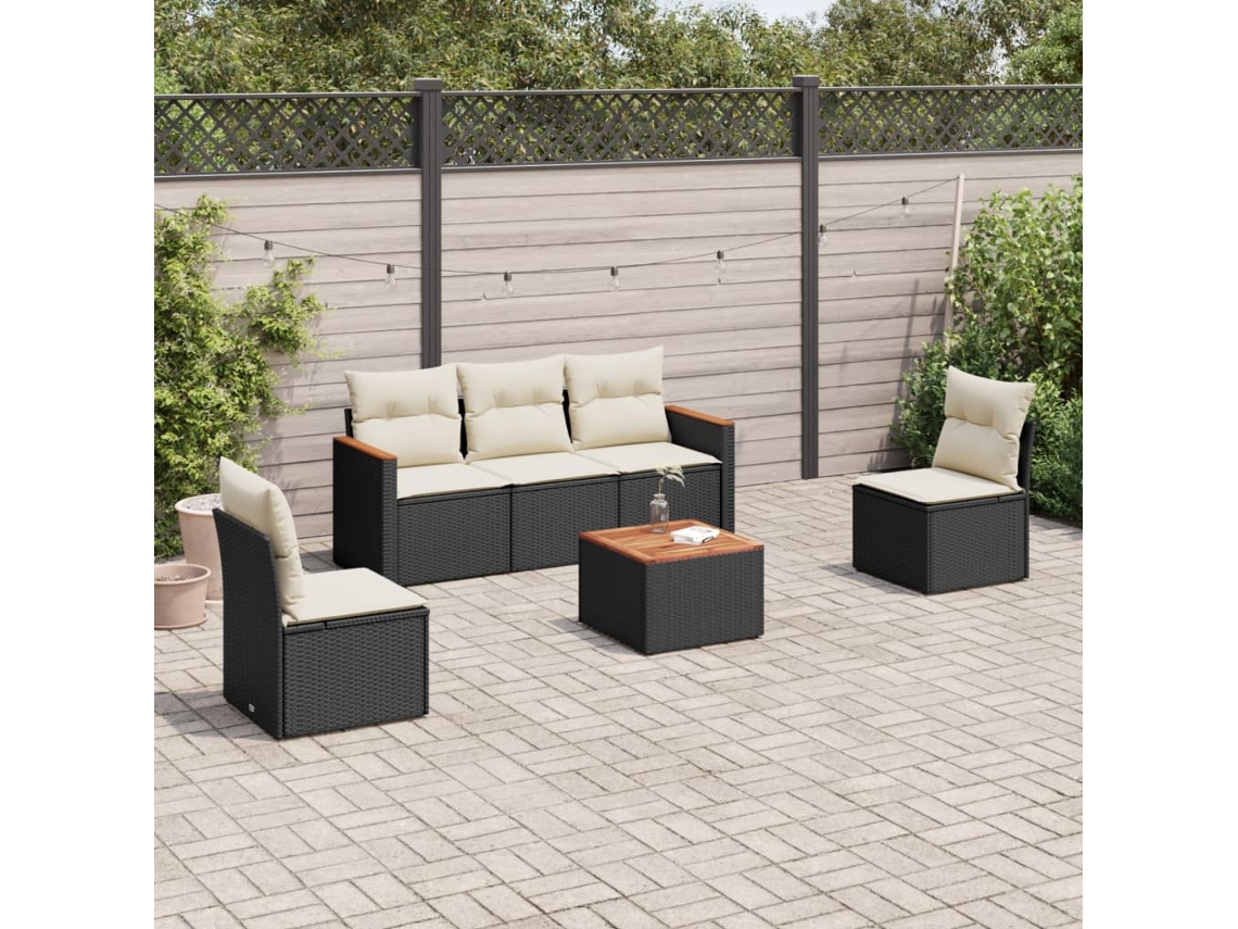 Jogo de Sofá Jardim 6 Peças C/ Almofadões Vime Pe Preto Dkd Home Decor