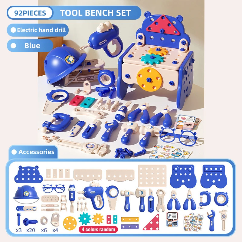 Kit de Simulação para Crianças, Contém Brocas, Parafusos, Etc., Jogo de Montagem Multifuncional MDUG (conjunto de 92 Peças, Azul)