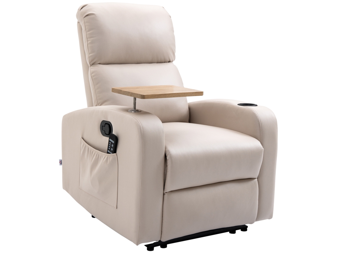 Poltrona De Massagem Relax Elétrica Com 4 Modos De Vibração Reclinação 145° Estofada Em Microfibra Controlo Remoto Mesa 2 Bolsos Laterais E Suporte