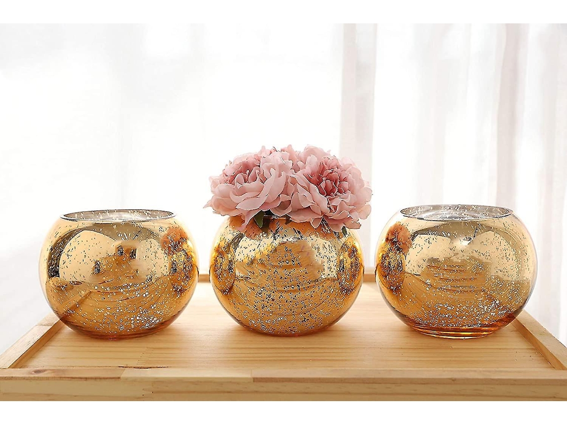 Conjunto Omni de 3 vasos redondos de cristal dourado com glitter para decoração de mesas, casamentos e festas.