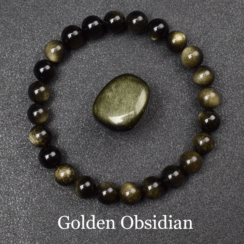 Pulseira de Contas de Pedra Natural , Amuleto de Cura para Yoga e Reiki, Pulseira da Sorte. MDUG (obsidiana Banhada a Ouro, 21 Cm)