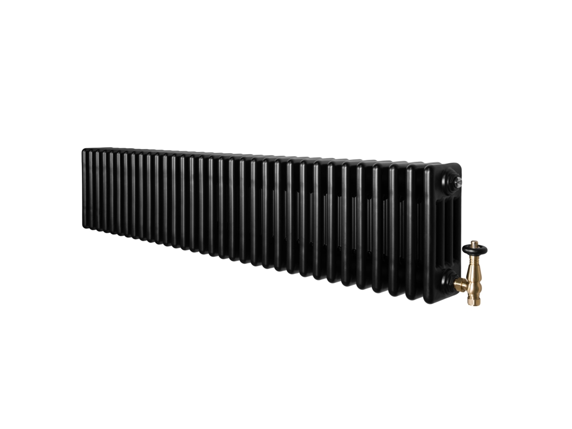 Radiador Tradicional 4 Colunas 300x1505 Mm Preto 1672 w + Válvulas Termostáticas – Aço Carbono, Suportes Incluídos,