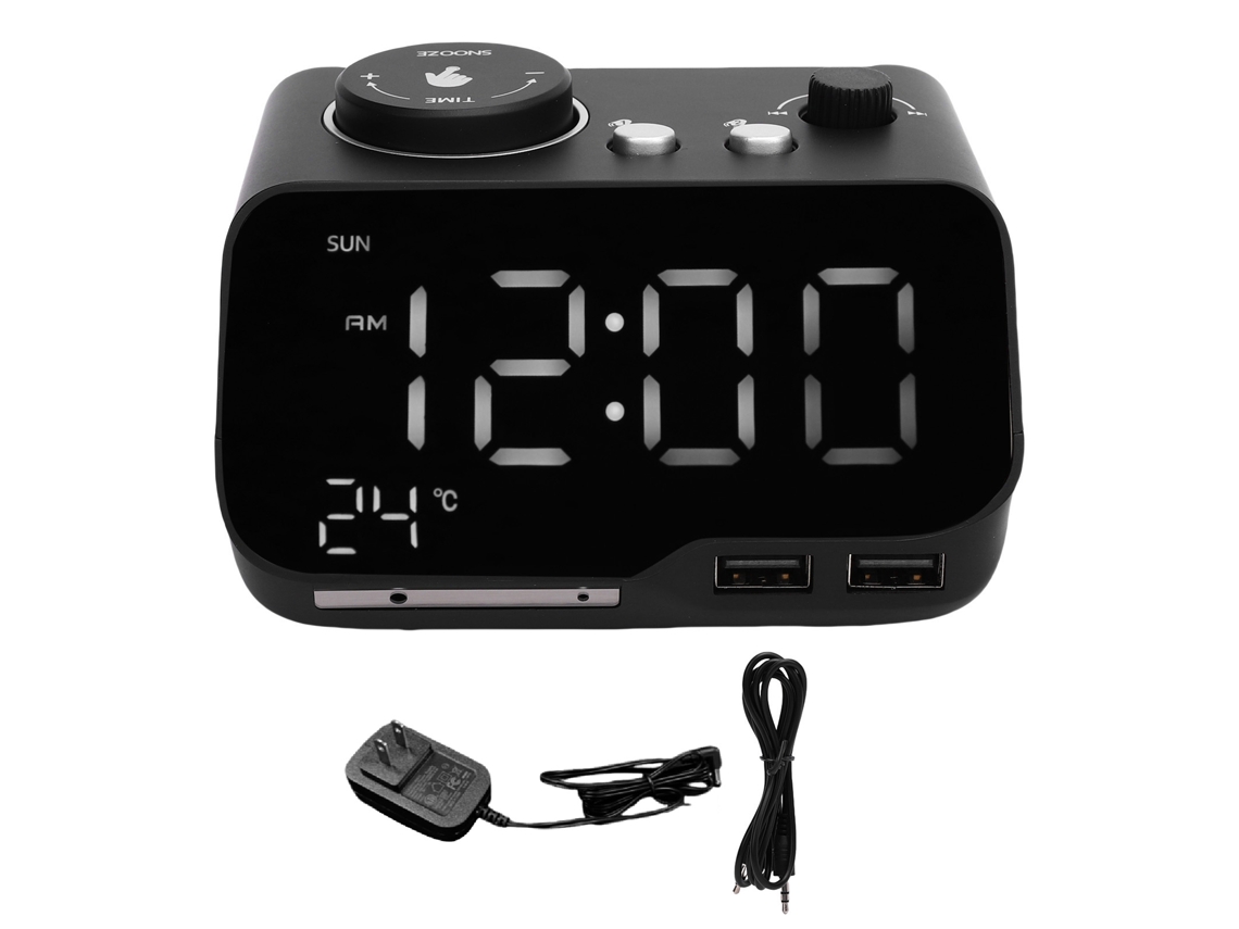 Despertador duplo com alto-falante Bluetooth, rádio FM, visor LED, temperatura e dia da semana.
