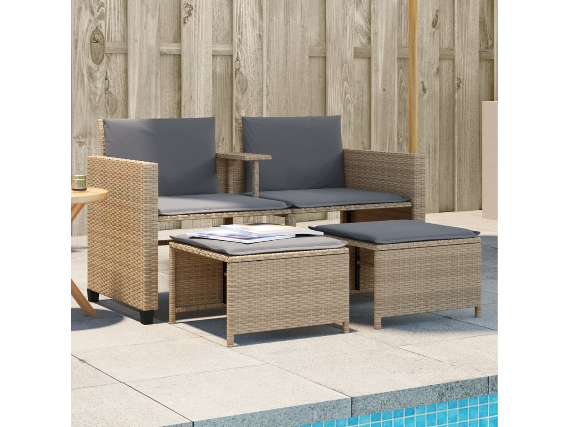 Sofá De Jardim De 2 Lugares Com Mesa E Bancos Vime Pe Bege Dkd Home Decor
