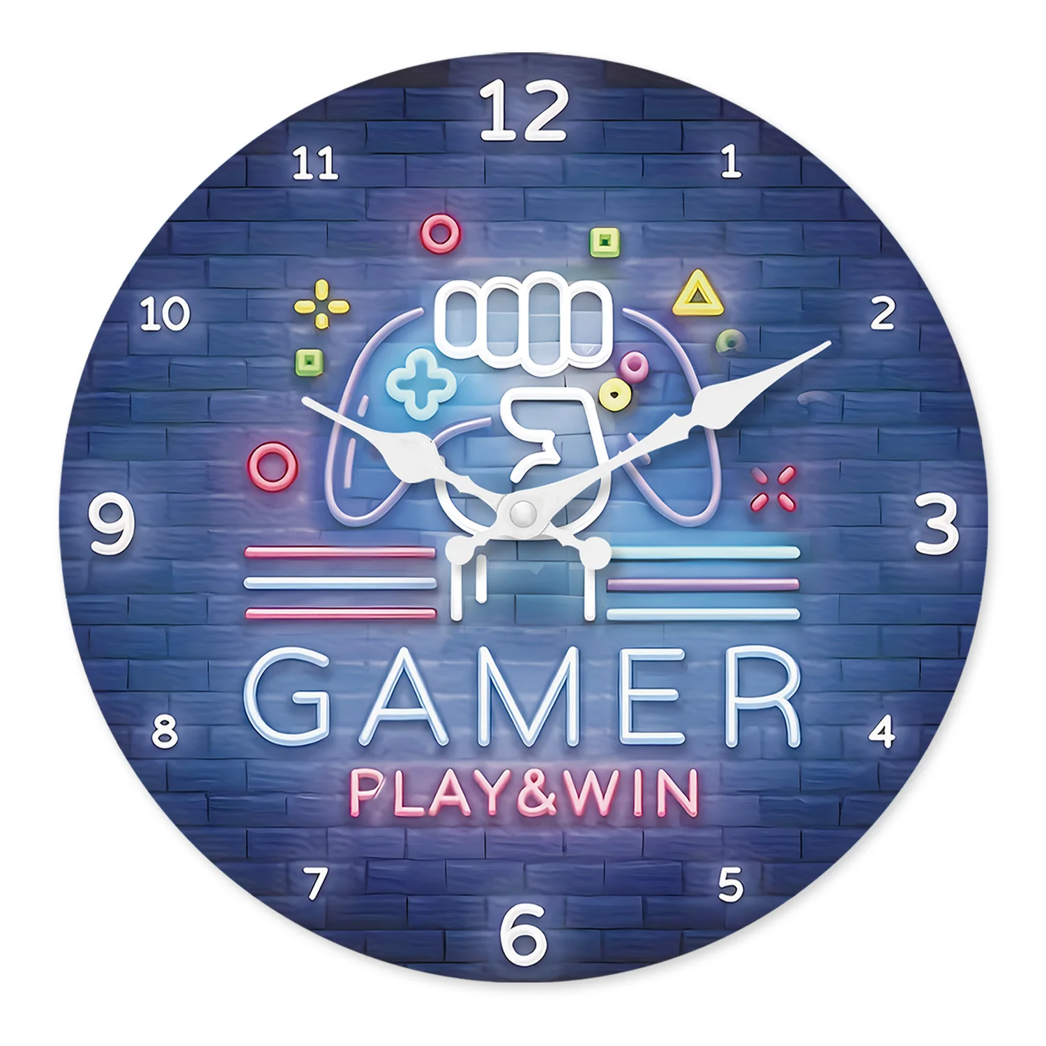 Relógio de parede de madeira com estampa elegante de console de jogos em neon (10 polegadas), relógio de quartzo silencioso.