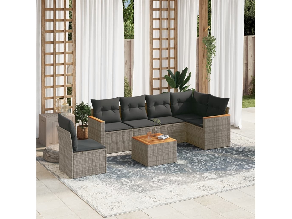 Vidaxl 7 Pcs Conjunto Sofás P/ Jardim C/ Almofadões Vime Pe Cinzento