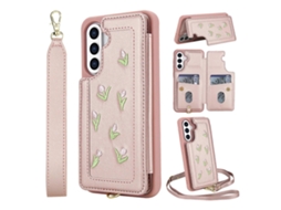 Capa Para Samsung Galaxy S24 Fe Com Estampa De Tulipas Bordadas, Couro Sintético, Porta-cartões, Capa Traseira Com Alça De Ombro E Pulseira Rosa