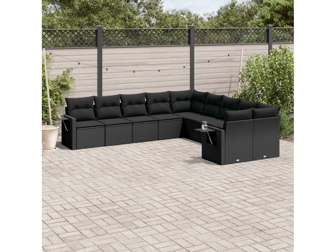 Jogo de Sofá Jardim 10 Peças C/ Almofadões Vime Pe Preto Dkd Home Decor