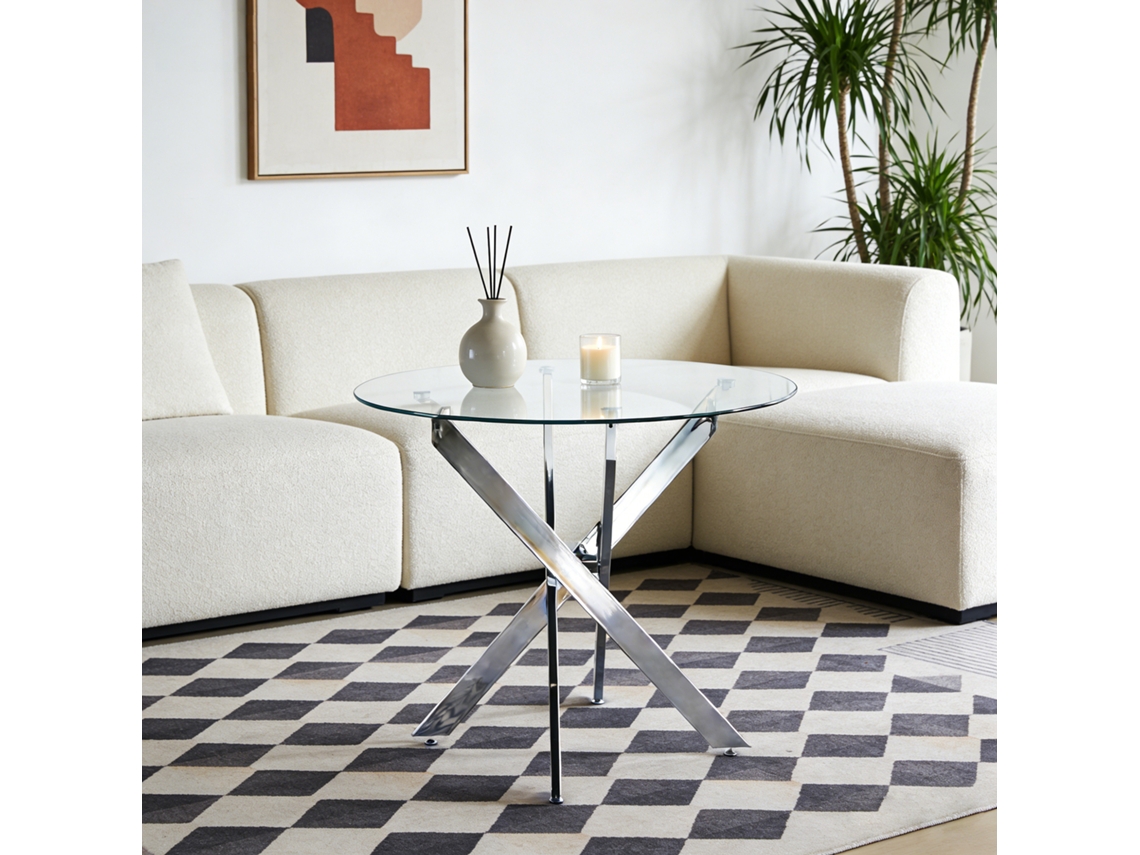 Mesa Vidro Cruz Redonda Cromada Prata 80x80x75cm VELTRIX