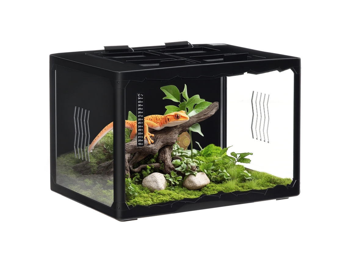 Terrário para Tartarugas da Terra, Camaleões, Iguanas, Geckos e Répteis com Termômetro 18 34°c, 60x40x40,5cm, Preto Ge