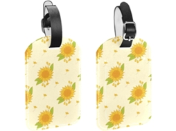 Conjunto De 2 Etiquetas Bagagem Em Couro Sintético Com Estampa Girassol Amarelo E Folha