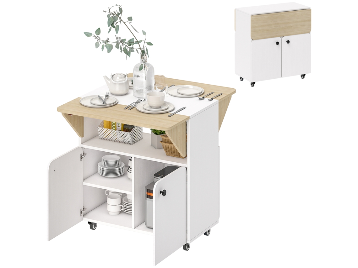 Mesa Dobrável com Armário e Rodízios (4 Rodízios, 2 Laterais Dobráveis, Compartimento, Branco+madeira Natural, 70x83x75cm)