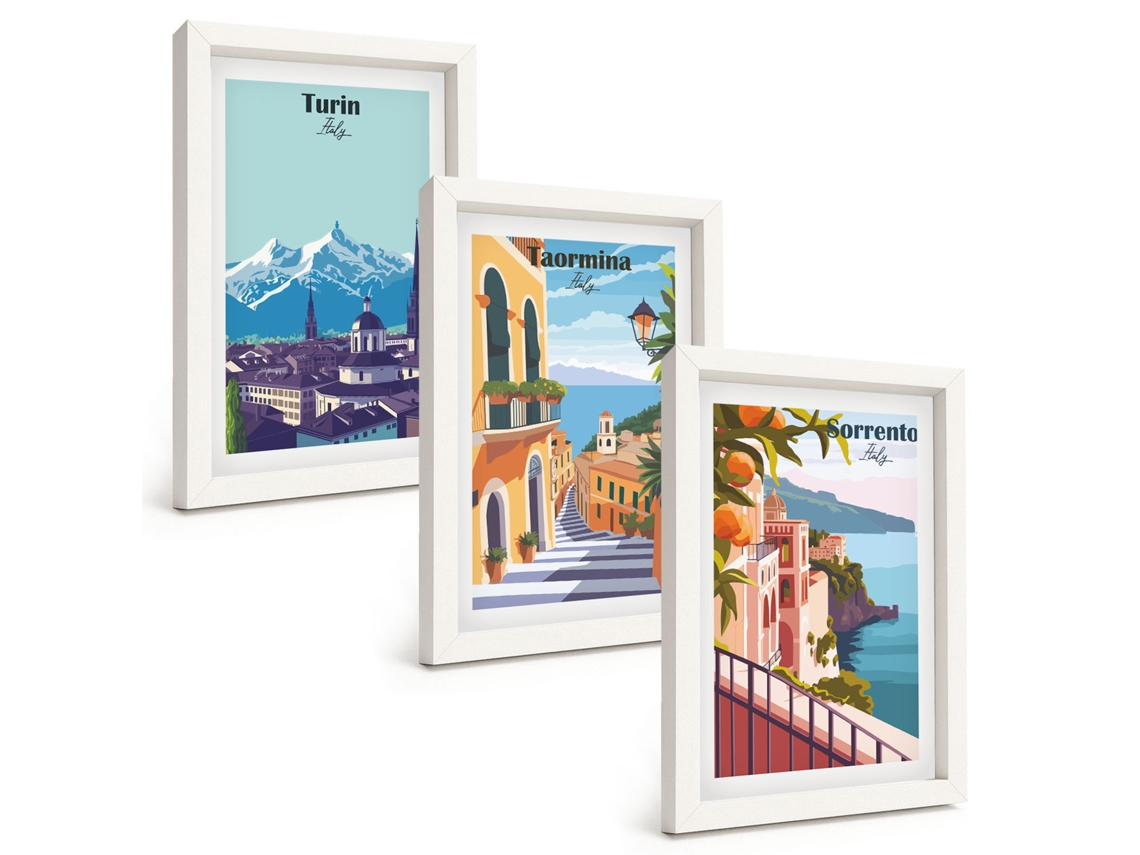 Conjunto De Quadros Com Moldura Vistas Coloridas De Cidades Retrô Moldura Branca Fotos Para O Escritório Espelharte (3 Peças 20x30 Cm)