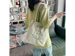 Bolsa de Ombro Dobrável Veludo Cotelê com Bordado Urso Desenho Animado para Mulheres, Grande e Ecológic a Compras. GOKOCO