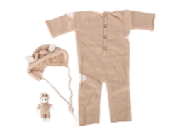 Conjunto de acessórios WalshLXq para fotografia de recém-nascidos em tecido macio, com chapéu e brinquedo, bege claro.