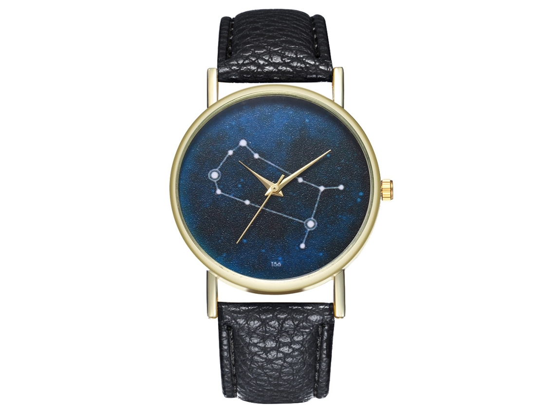 Relógio de pulso Zhoulianfa unissex de quartzo com pulseira de couro PU, modelo Constellation Fashion, preto.