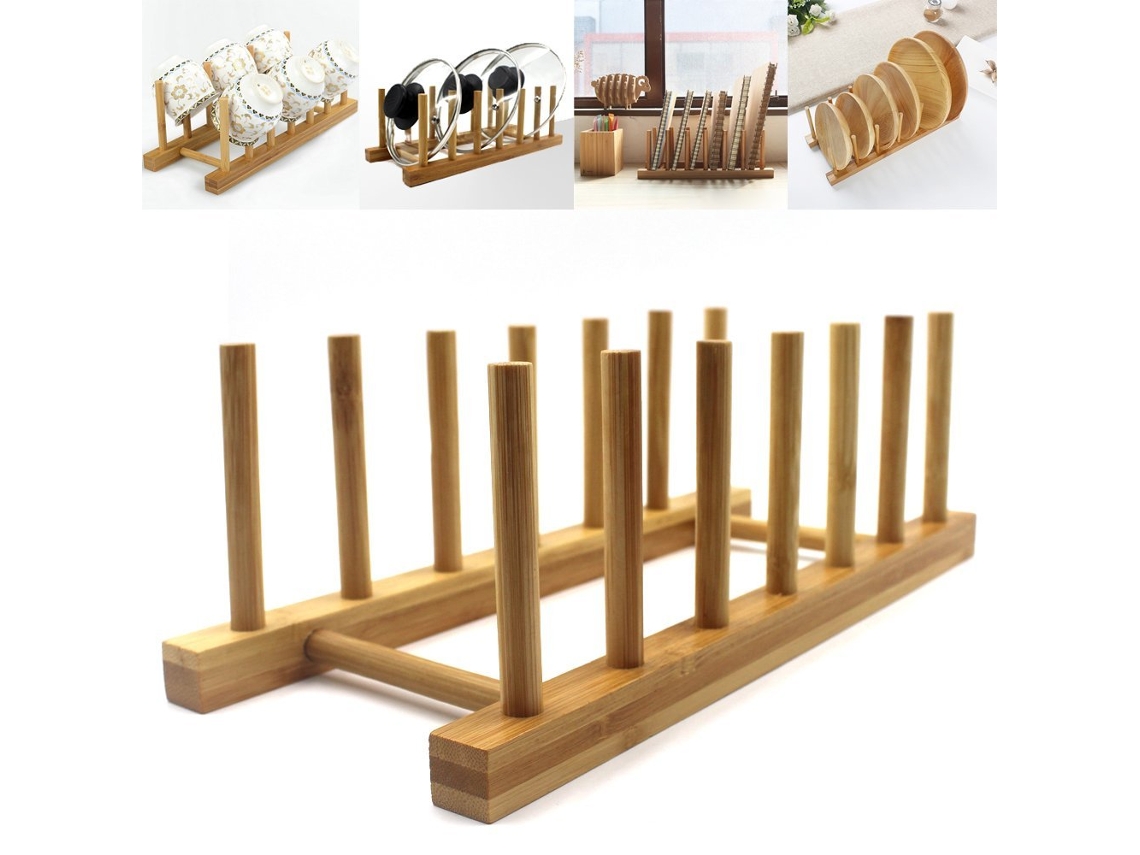 Estante De Secagem Em Bambu Para Pratos, Suporte Organizador Para Cozinha Com Porta Tampas, Para Louça, Tigelas, Xícaras E Panelas