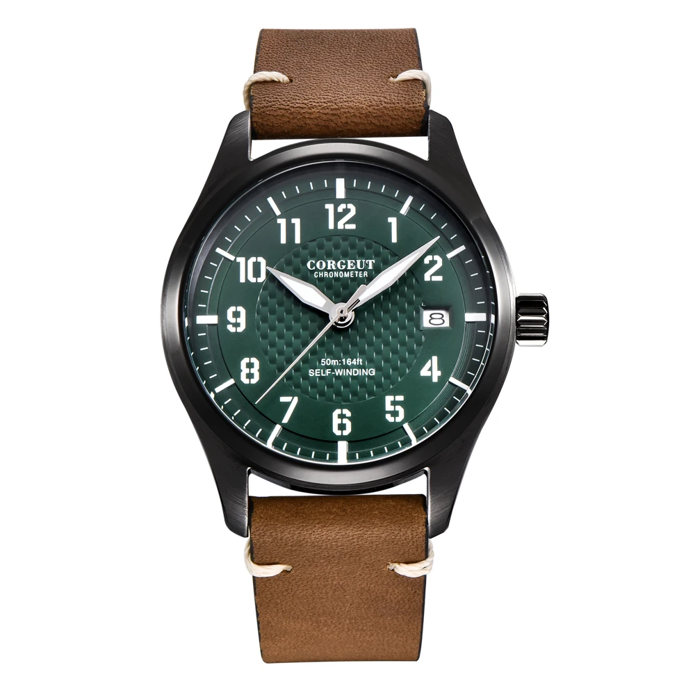 Relógio Masculino Automático Mecânico De Piloto (verde) De 40 Mm Com Pulseira De Couro Resistente À Água.