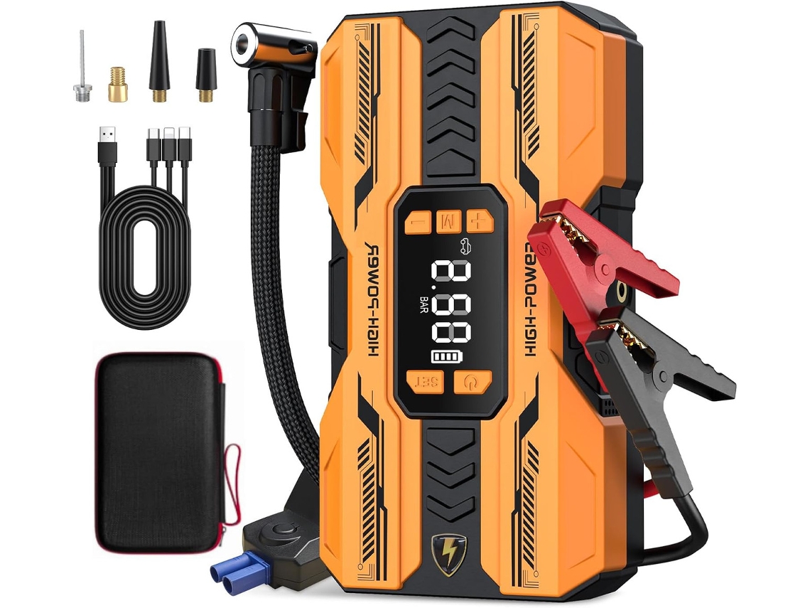 Auxiliar De Partida Para Carro Com Compressor De Ar, Manômetro Digital, Desligamento Automático E Luz Led (amarela)