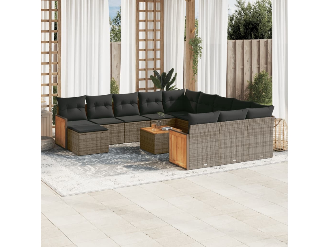13 Pcs Conjunto Sofás P/ Jardim C/ Almofadões Vime Pe Cinzento Dkd Home Decor