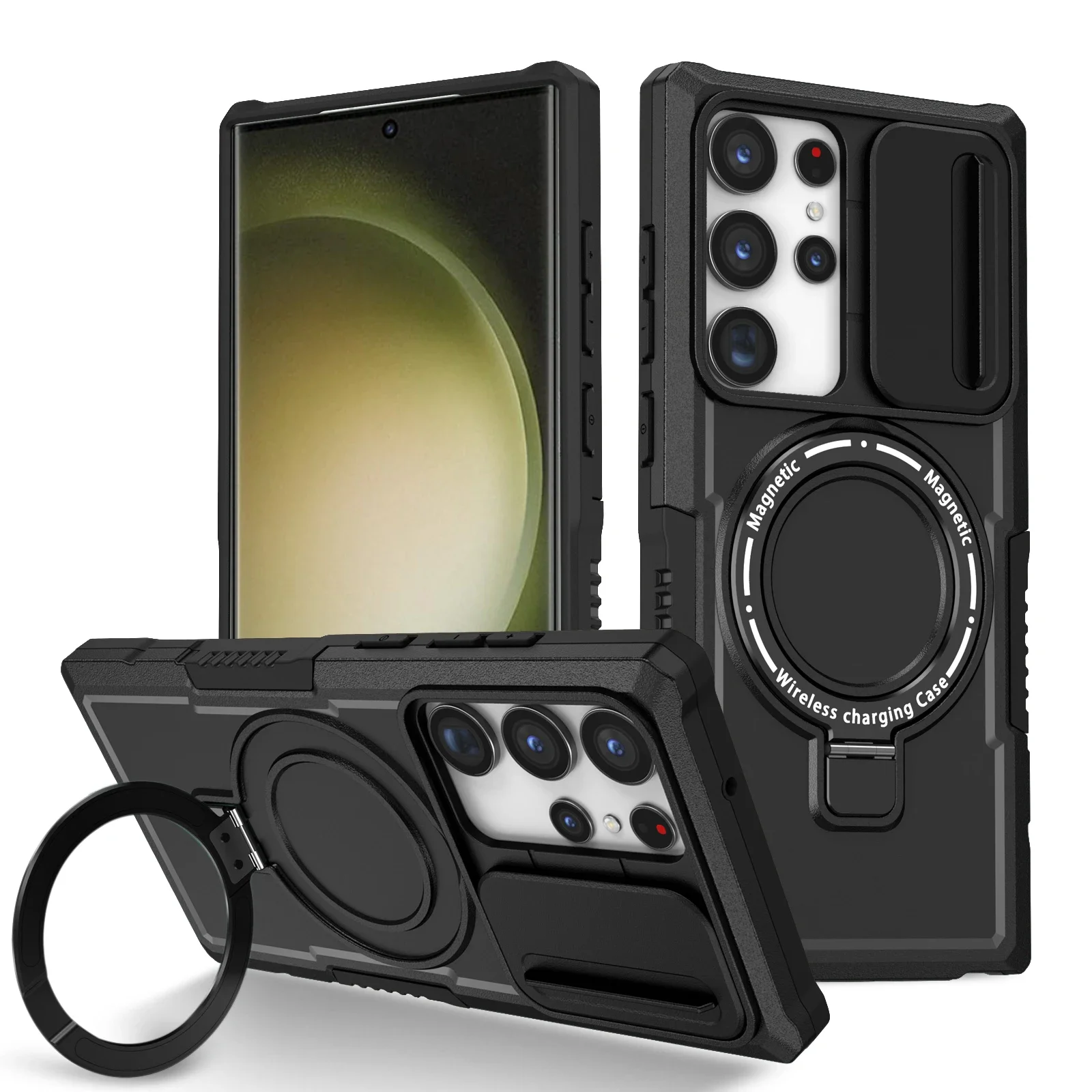 Capa Protetora Armor (preta Para Galaxy S25 Ultra) Com Suporte Para Carro E Carregamento Sem Fio Magnético.