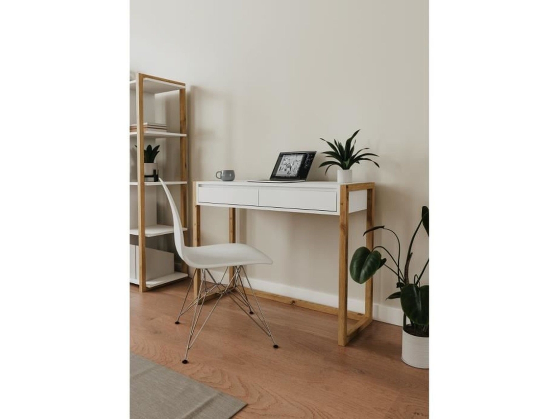 Escritorio Consola De Roble Y Blanco - 2 Cajones - 100 X 35 X 75 Cm