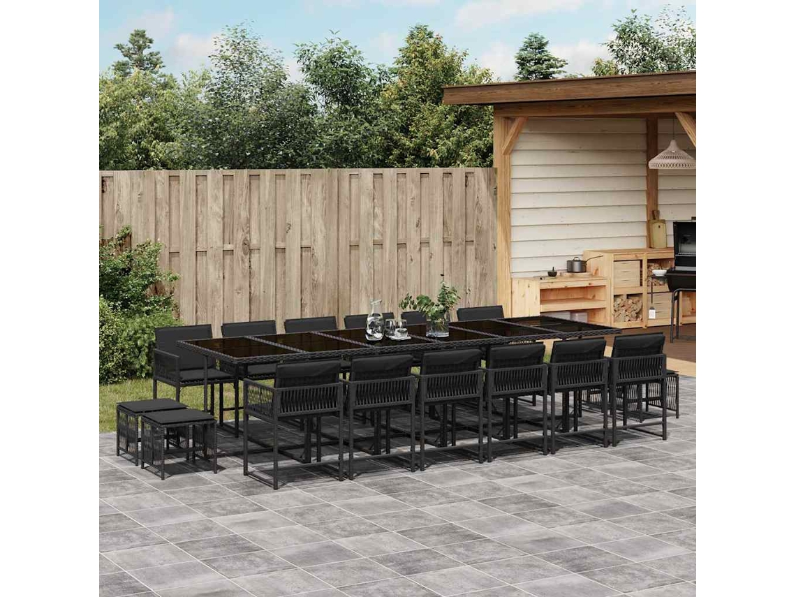 Vidaxl 17 Pcs Conjunto De Jantar P/ Jardim C/ Almofadões Vime Pe Preto