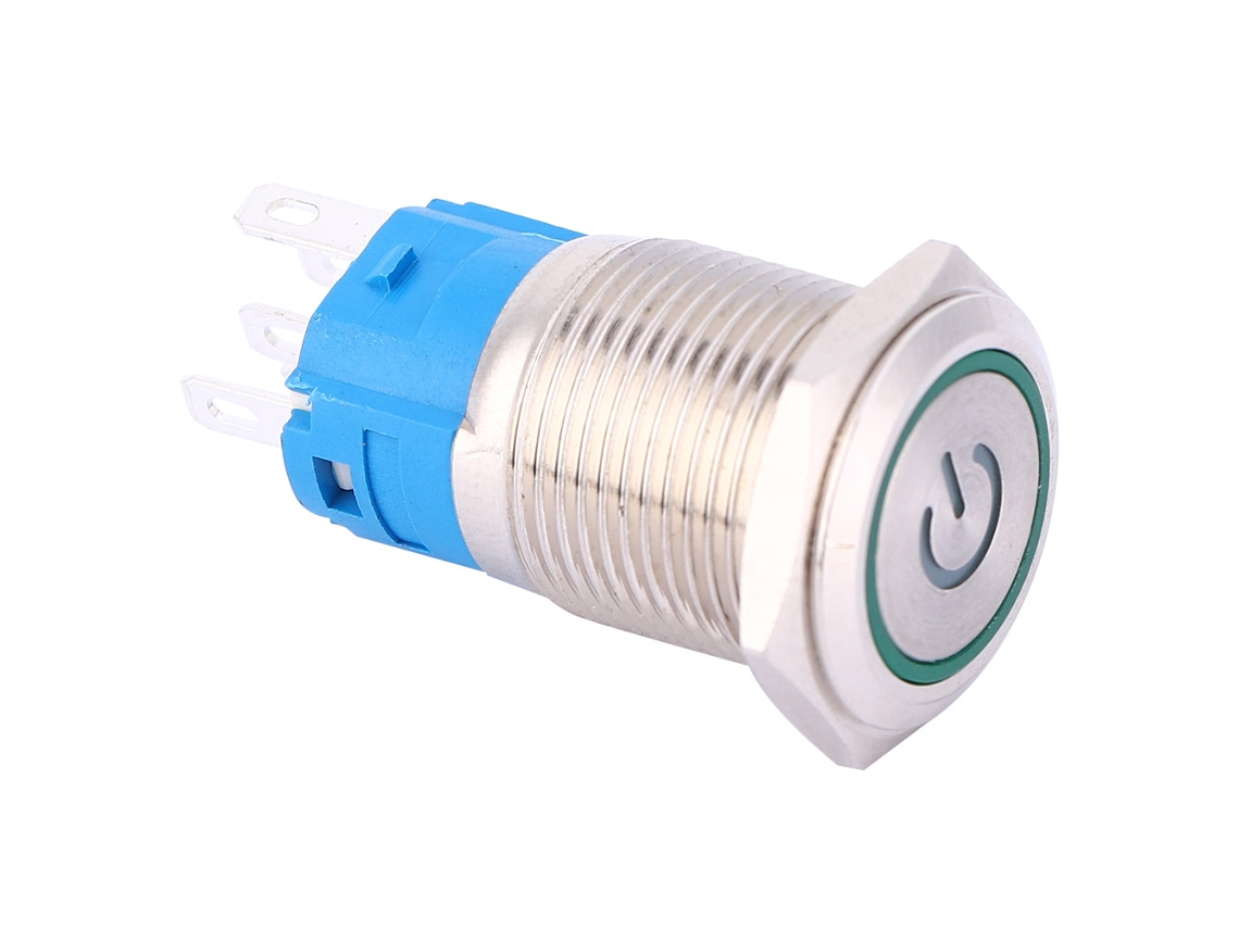 Botão de Metal Autoressetável 16mm com Led Verde
