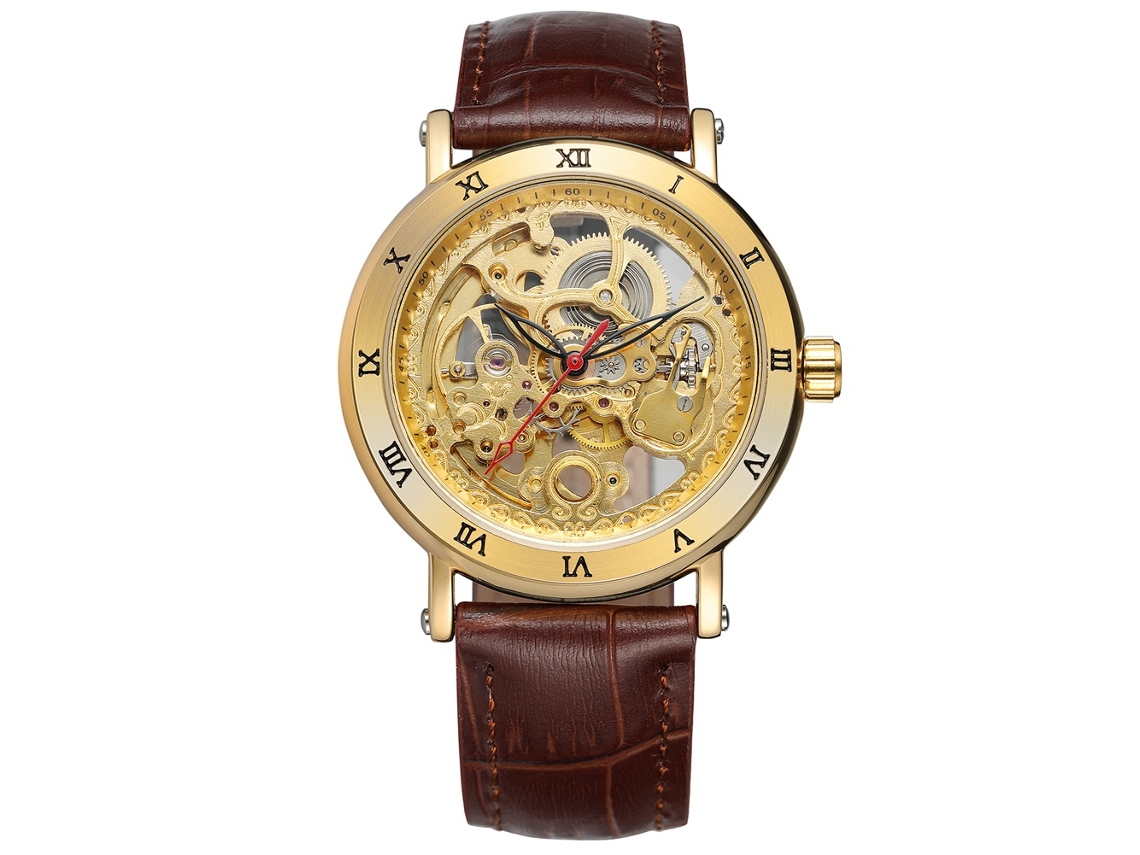 Relógio mecânico automático masculino Forsining com pulseira de couro PU marrom dourado.