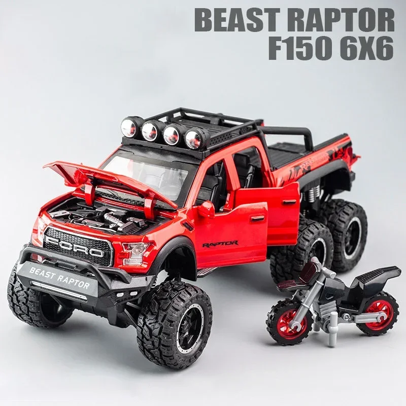 (f150 Vermelho) Miniatura De Carro Raptor 1:28 - Liga Metálica Fundida - Efeitos Sonoros E Luminosos