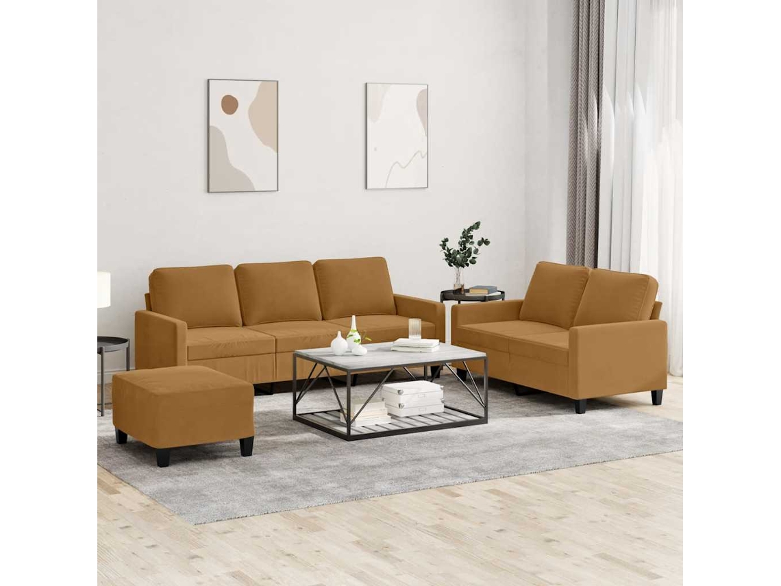 Vidaxl 3 Pcs Conjunto de Sofás com Almofadões Veludo Castanho