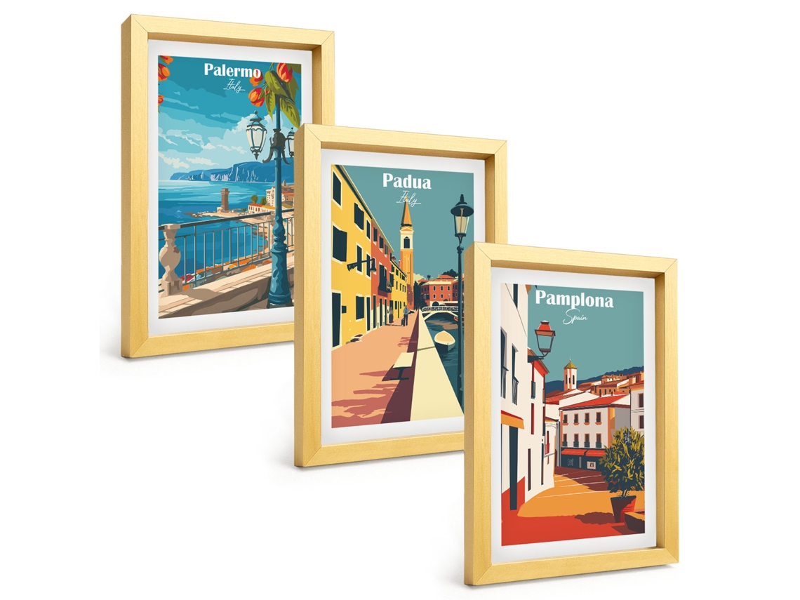 Composição De Quadros Na Paredeilustrações De Cidades Retrô Moldura Dourada Quadros Para A Sala De Estar Espelharte (3 Peças 20x30 Cm)