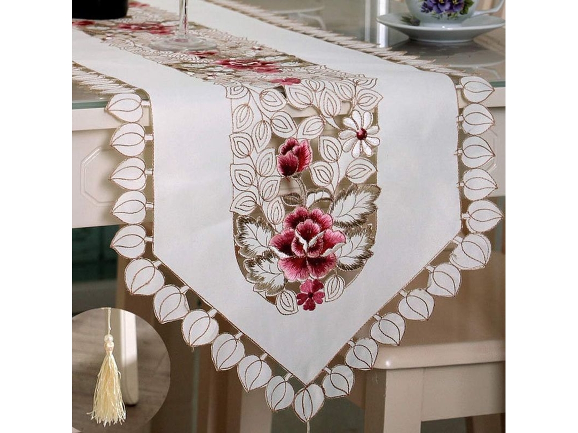 2026 mantel de Mesa Clásico de Encaje Beige Con Hojas Blancas 15x96 Pulgadas