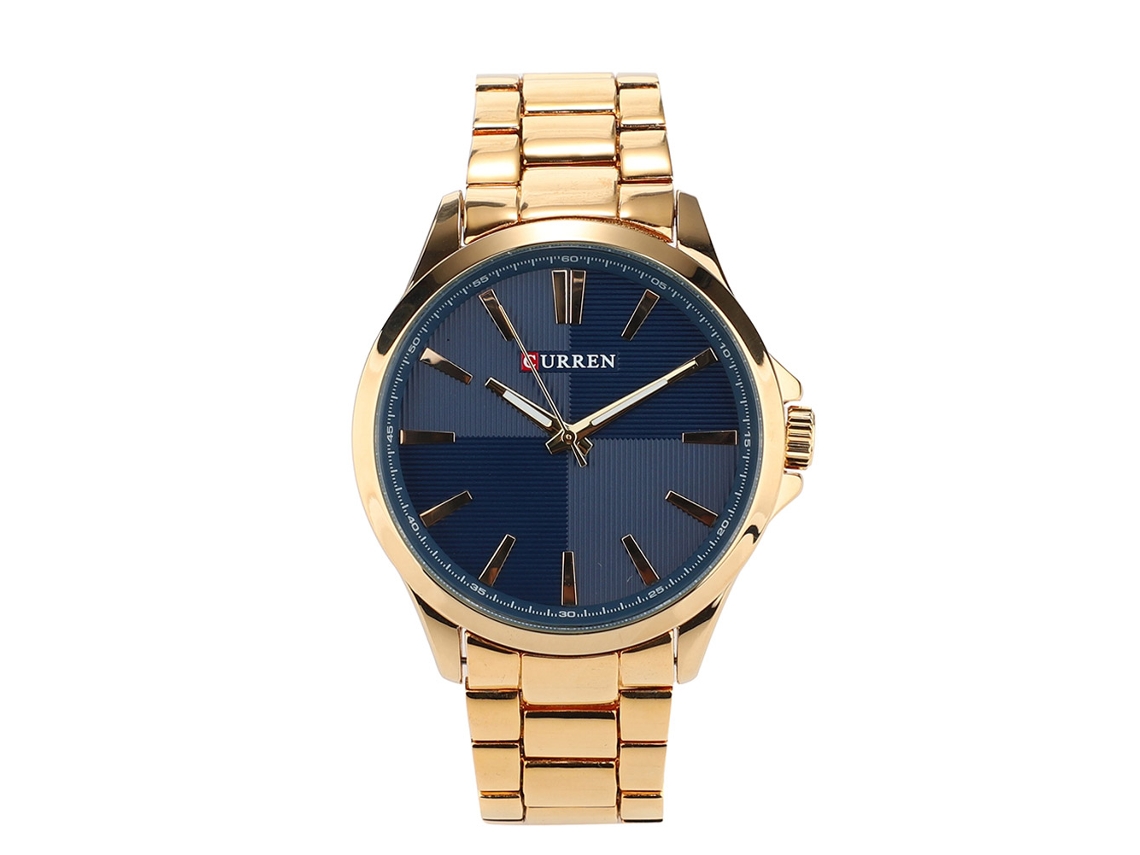Relógio masculino Curren 8322, à prova d'água, aço inoxidável, quartzo, mostrador azul, dourado.