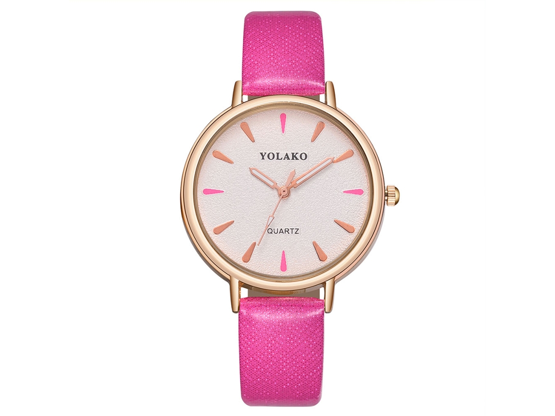 Relógio de Pulso Feminino Simples de Quartzo com Pulseira de Couro Pu Rosa Intenso