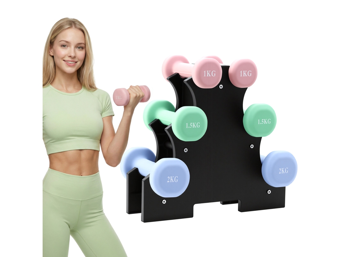 Haltères Néoprène 1 Kg 1.5 Kg 2 Kg Avec Support - Set De 6 Haltères Musculation